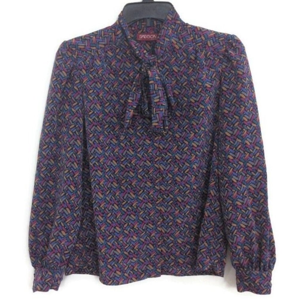 Vintage Sasson Women Blouse Pussy Bow Button Up Top Long Sleeve Boho Retro Large